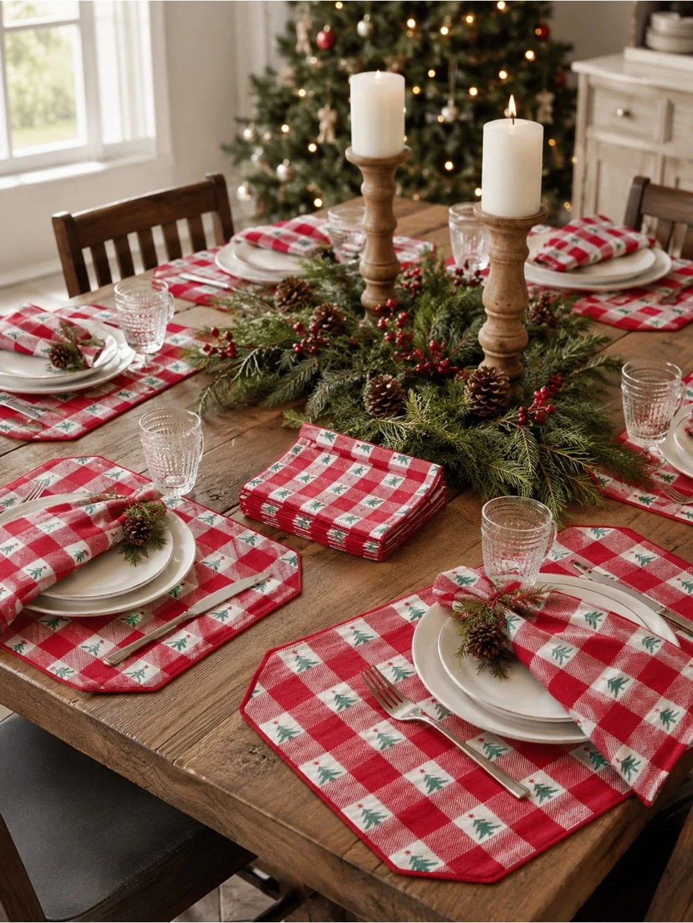 VTG NIP Chadwick's of Boston Christmas Tree Gingham 24 Pc - Set 12 Napkin 12 Mat